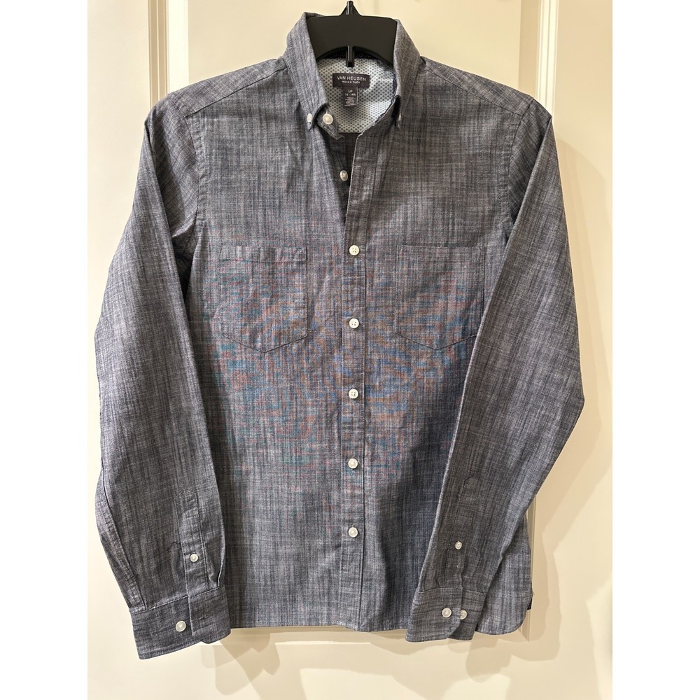 Van Heusen S 14-14.5 Never Tuck Shirt Gray Blue Long Sleeve Casual